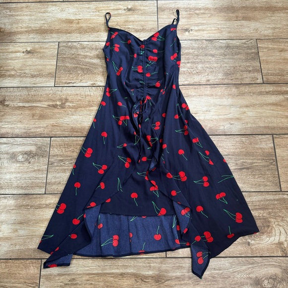 Aqua Cherry print Midi Blue Dress Size Small Red Blue Ruffle Clinch front Dress - Picture 7 of 16